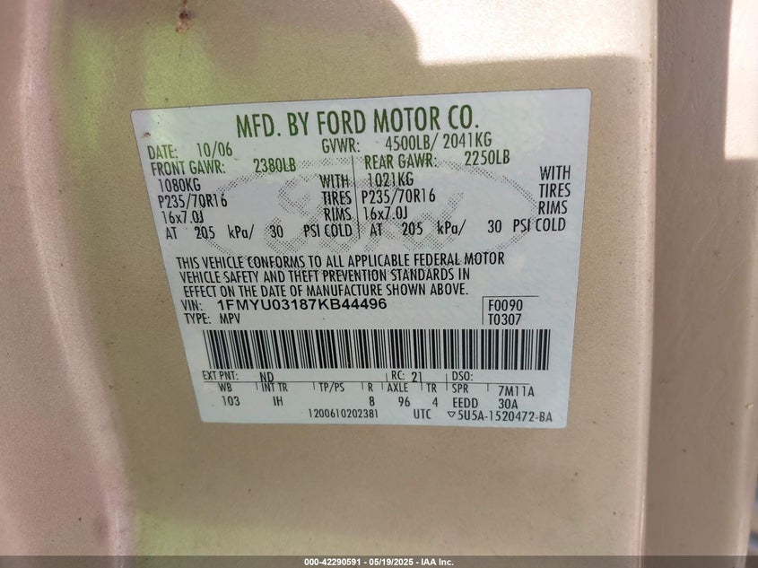 2007 FORD ESCAPE VIN: 1FMYU03187KB44496