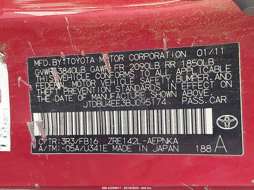2011 TOYOTA COROLLA VIN: JTDBU4EE3BJ095174