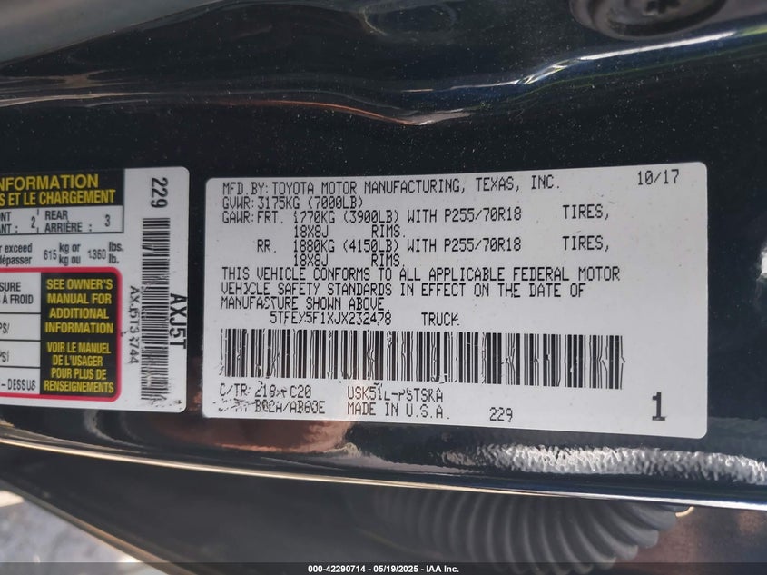 2018 TOYOTA TUNDRA VIN: 5TFEY5F1XJX232478