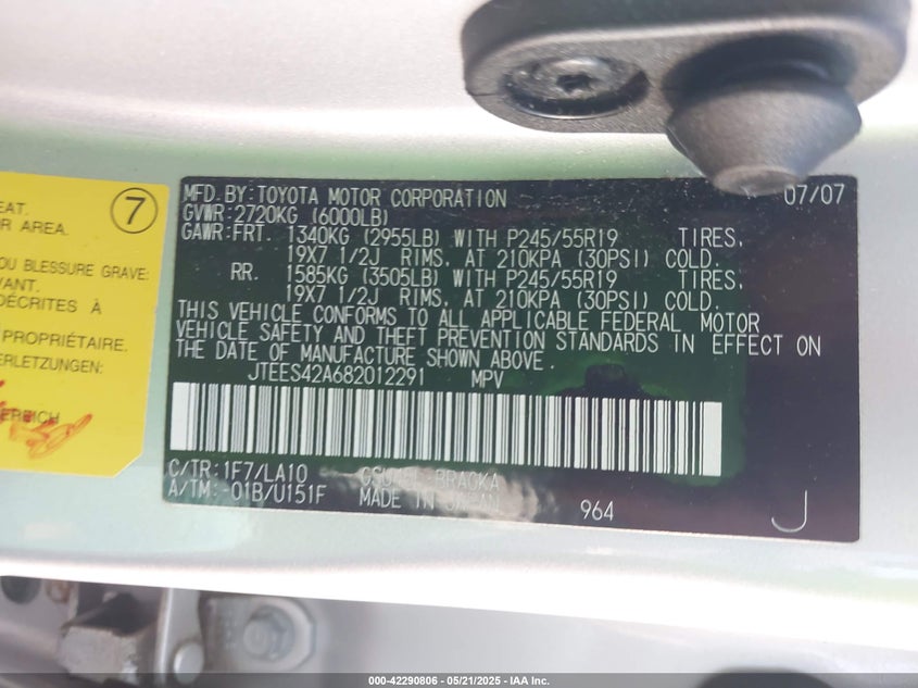 2008 TOYOTA HIGHLANDER VIN: JTEES42A682012291