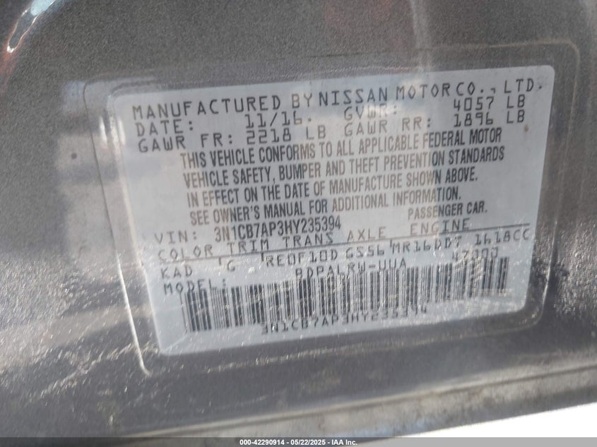 2017 NISSAN SENTRA VIN: 3N1CB7AP3HY235394