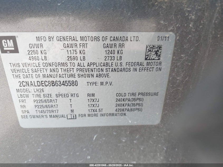 2011 CHEVROLET EQUINOX VIN: 2CNALDEC8B6345580