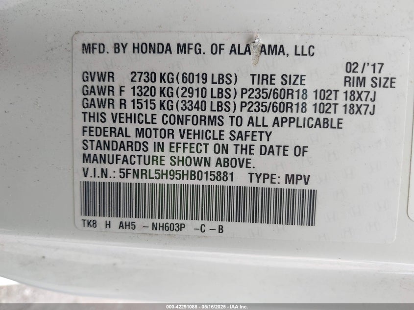 VIN 5FNRL5H95HB015881 2017 HONDA ODYSSEY TOURING/TOURING ELITE