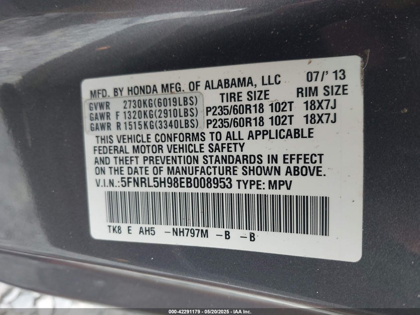 2014 HONDA ODYSSEY TOURING/TOURING ELITE - 5FNRL5H98EB008953