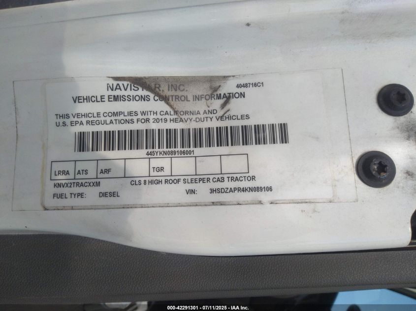 2019 International Lt VIN: 3HSDZAPR4KN089106 Lot: 42291301