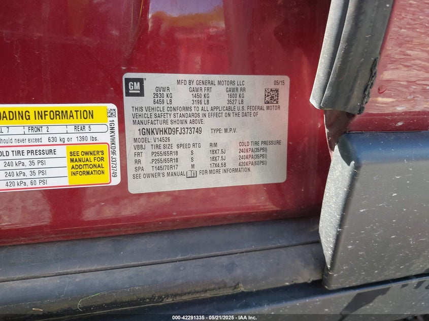 2015 CHEVROLET TRAVERSE 2LT - 1GNKVHKD9FJ373749