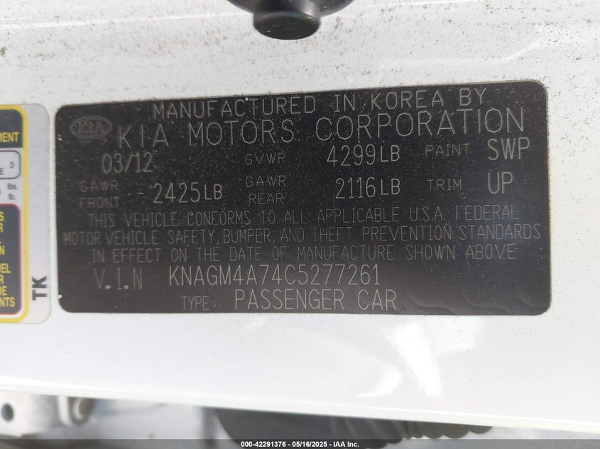 2012 KIA OPTIMA VIN: KNAGM4A74C5277261