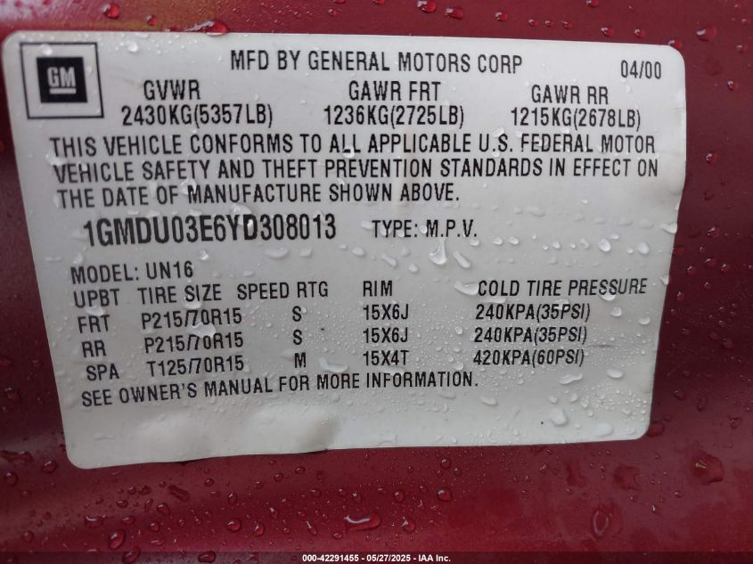 2000 Pontiac Montana N16 VIN: 1GMDU03E6YD308013 Lot: 42291455