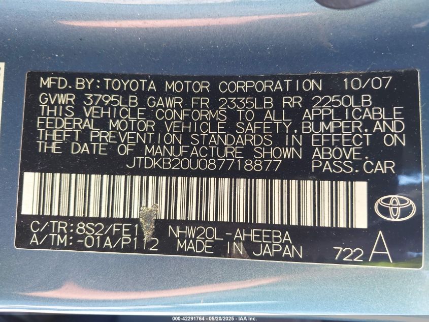 2008 Toyota Prius VIN: JTDKB20U087718877 Lot: 42291764