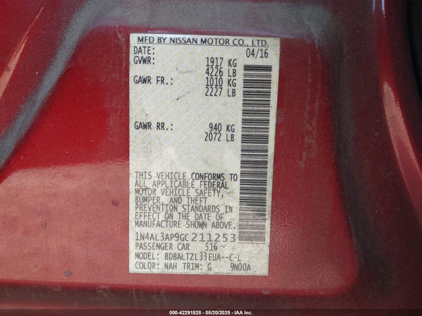 2016 NISSAN ALTIMA VIN: 1N4AL3AP9GC211253