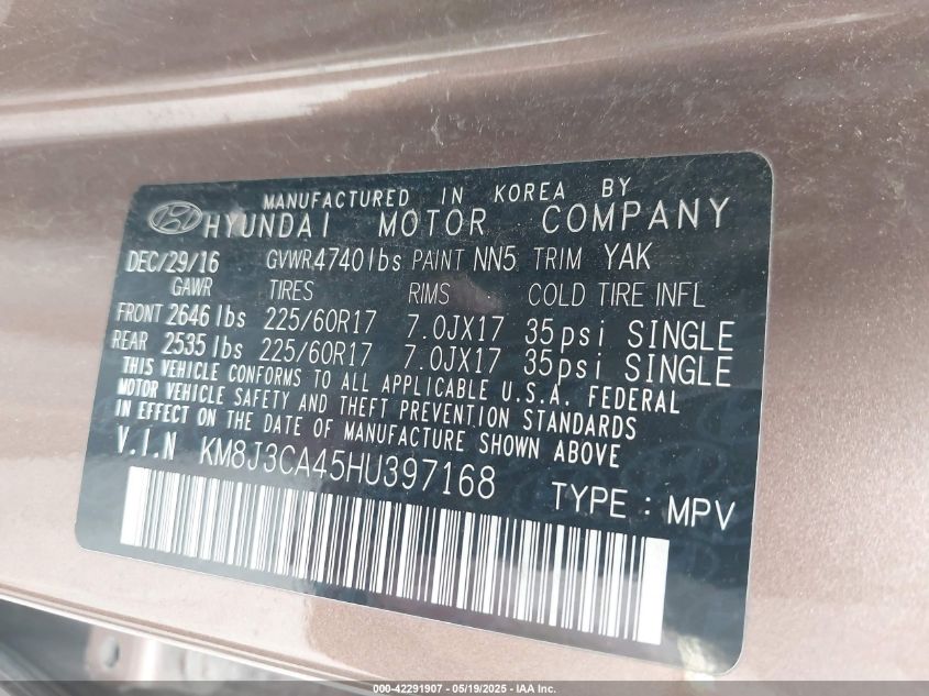 2017 Hyundai Tucson Se VIN: KM8J3CA45HU397168 Lot: 42291907