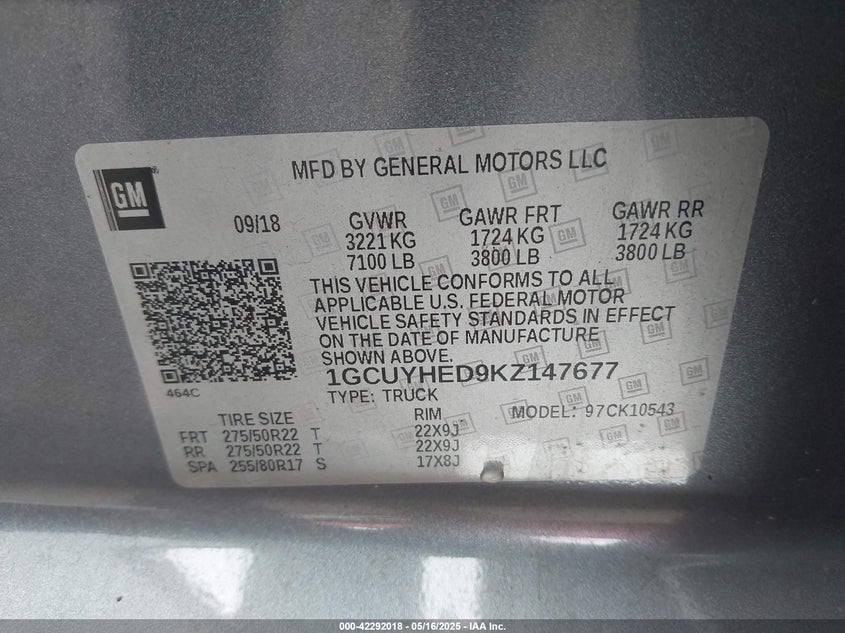 2019 CHEVROLET SILVERADO 1500 VIN: 1GCUYHED9KZ147677