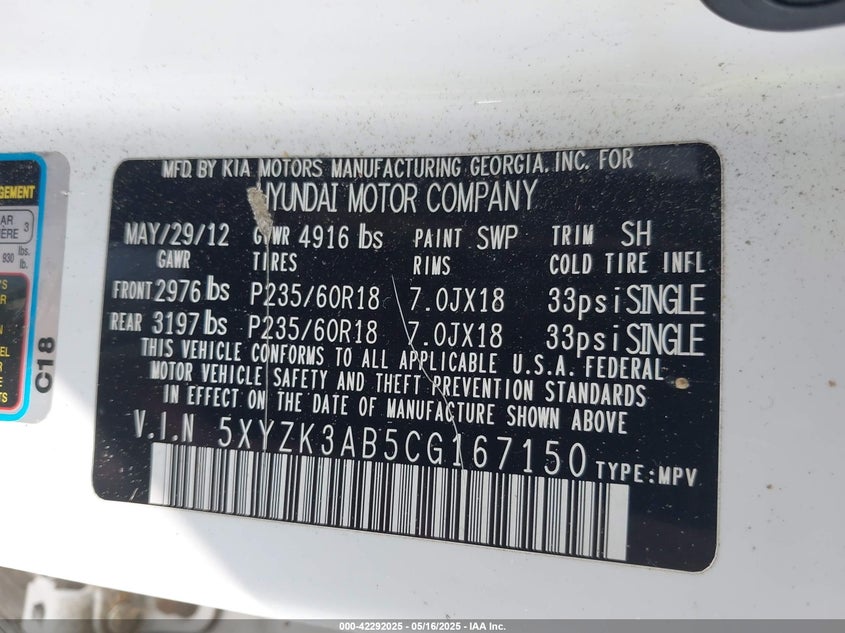 2012 HYUNDAI SANTA FE VIN: 5XYZK3AB5CG167150