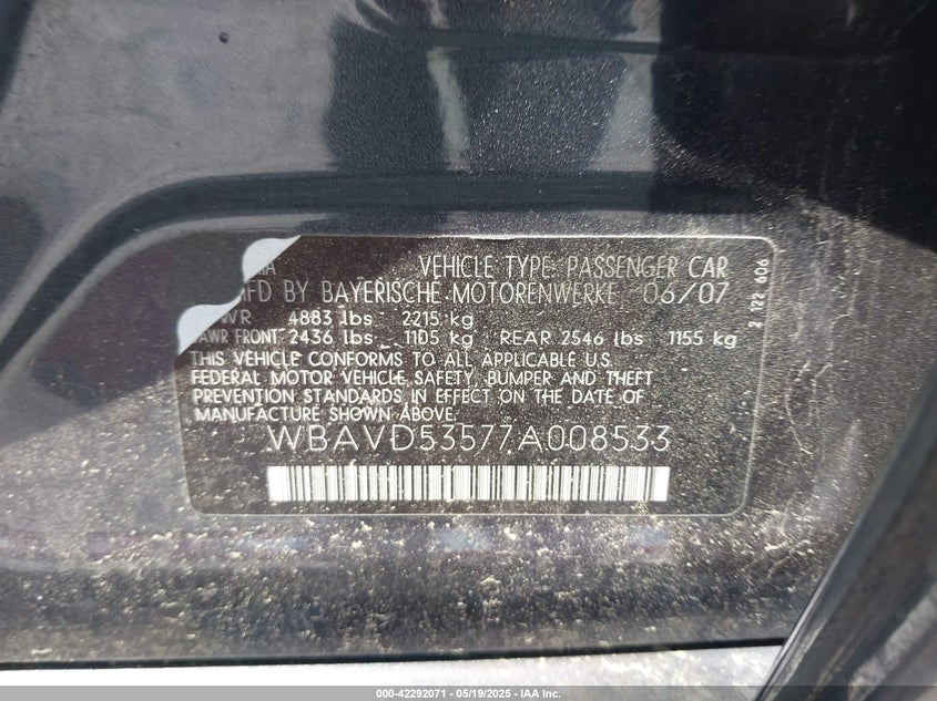 2007 BMW 335XI VIN: WBAVD53577A008533