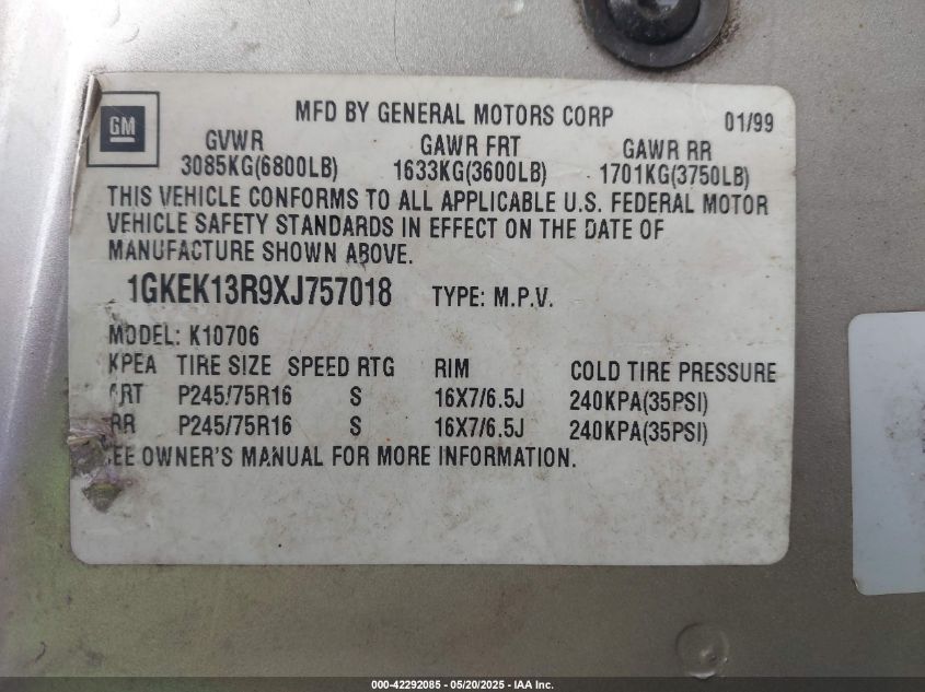 1999 GMC Yukon Slt Cmi VIN: 1GKEK13R6XJ710142 Lot: 42292085