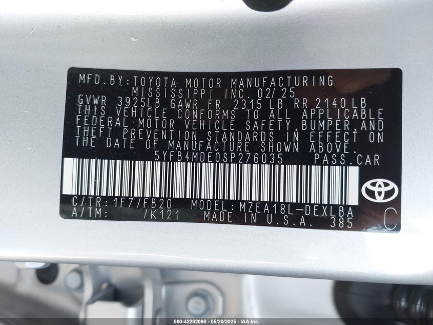 2025 TOYOTA COROLLA VIN: 5YFB4MDE0SP276035