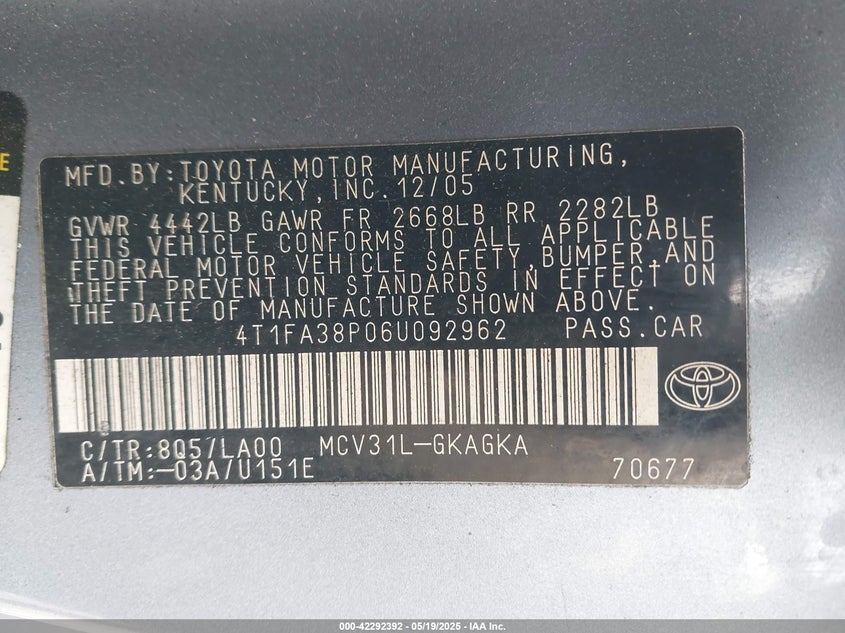 2006 TOYOTA CAMRY SOLARA VIN: 4T1FA38P06U092962