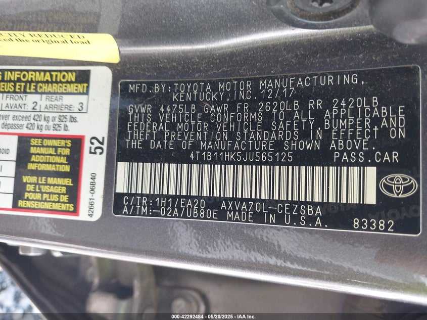 2018 TOYOTA CAMRY L/LE/XLE/SE/XSE - 4T1B11HK5JU565125