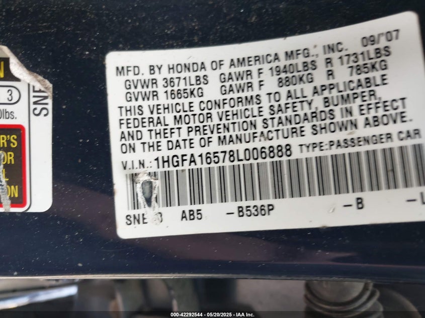 2008 HONDA CIVIC VIN: 1HGFA16578L006888