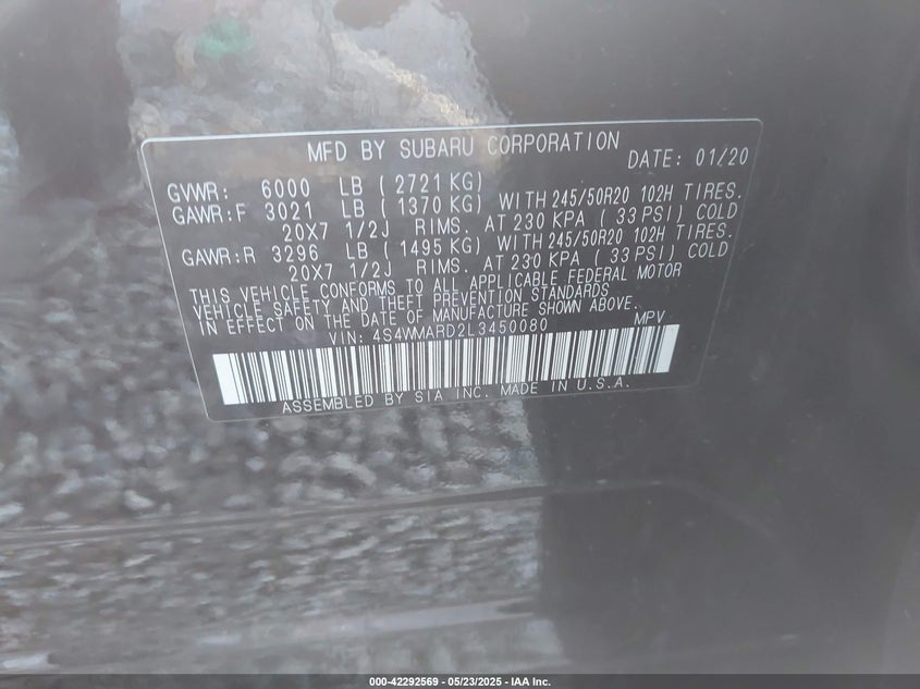 2020 SUBARU ASCENT TOURING - 4S4WMARD2L3450080