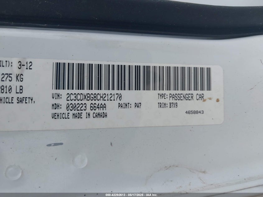 2012 DODGE CHARGER VIN: 2C3CDXBG8CH212170