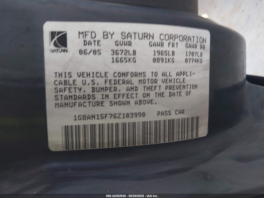 2006 SATURN ION VIN: 1G8AN15F76Z103990
