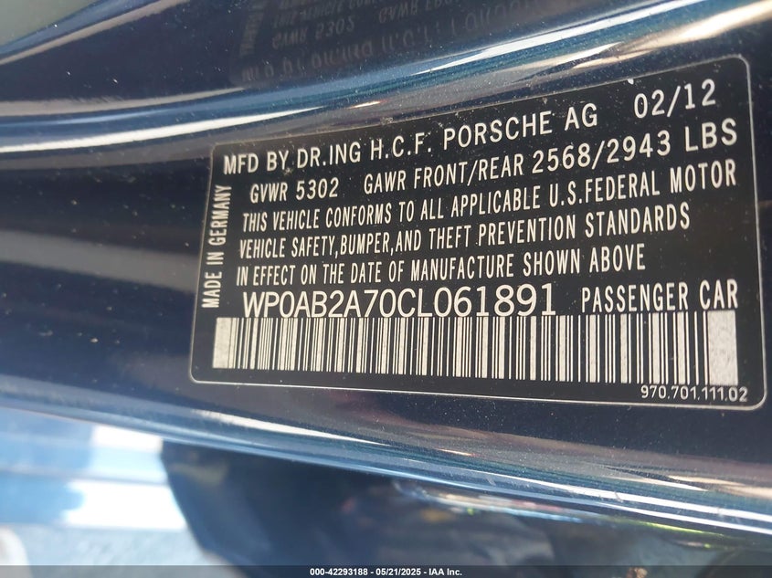 2012 PORSCHE PANAMERA VIN: WP0AB2A70CL061891