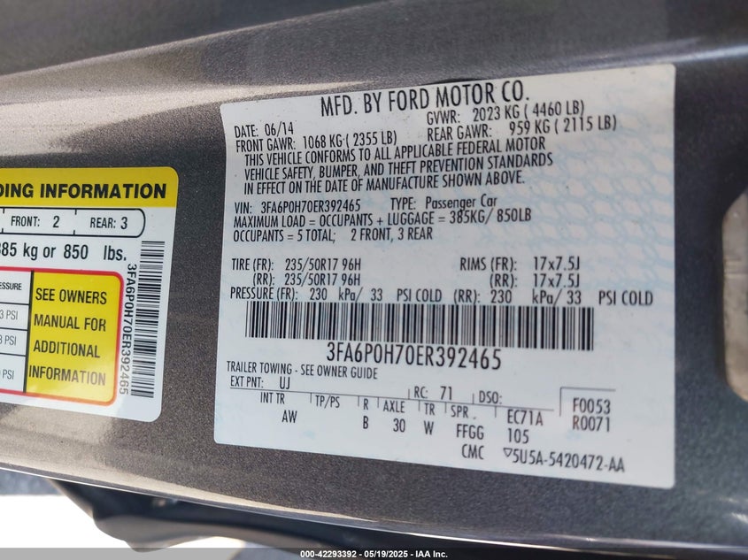 2014 FORD FUSION VIN: 3FA6P0H70ER392465