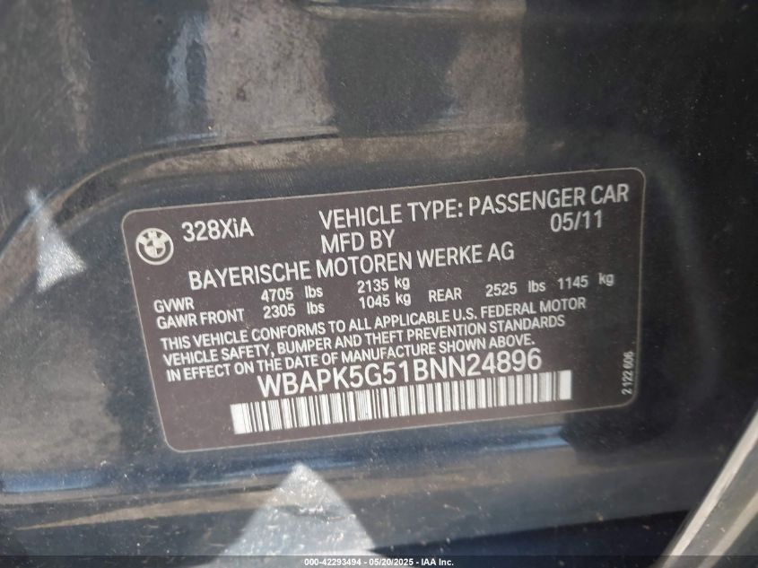 2011 BMW 328I xDrive VIN: WBAPK5G51BNN24896 Lot: 42293494