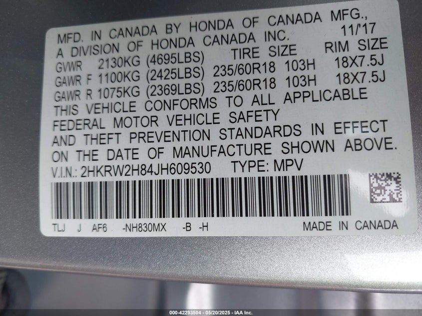 2018 HONDA CR-V VIN: 2HKRW2H84JH609530