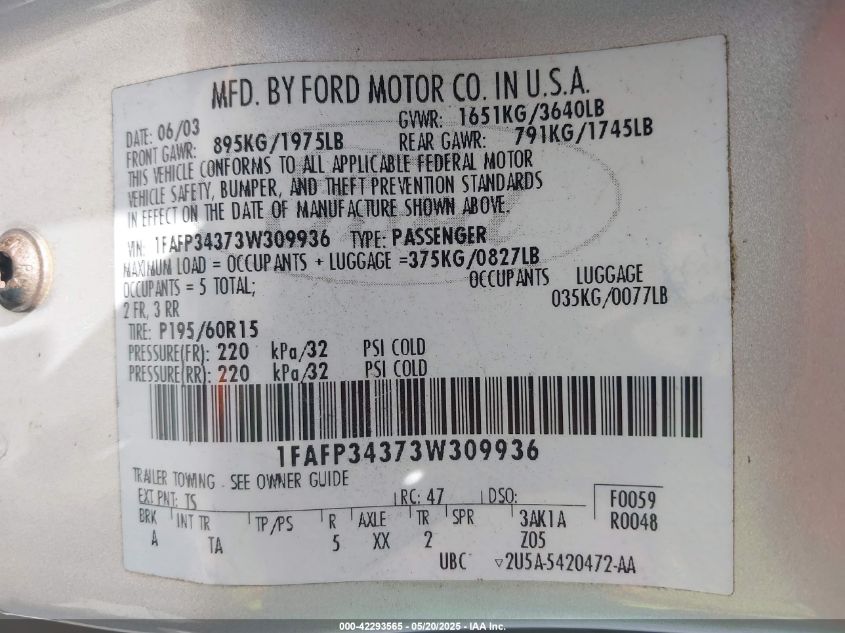 2003 Ford Focus Se VIN: 1FAFP34373W309936 Lot: 42293565