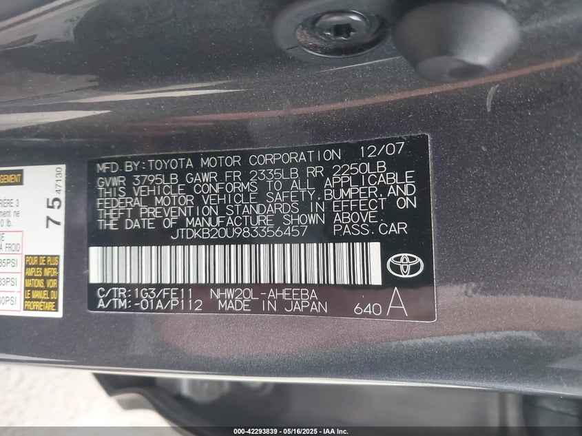 2008 TOYOTA PRIUS VIN: JTDKB20U983356457