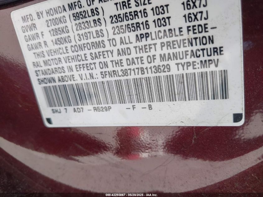 2007 Honda Odyssey Ex-L VIN: 5FNRL38717B113629 Lot: 42293867