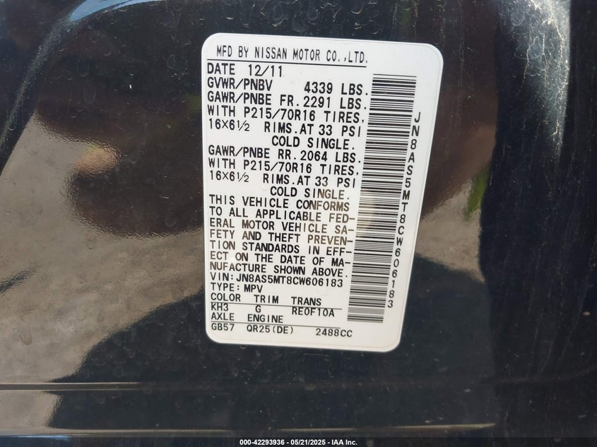 2012 NISSAN ROGUE VIN: JN8AS5MT8CW606183