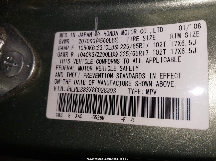 2008 HONDA CR-V VIN: JHLRE383X8C028393
