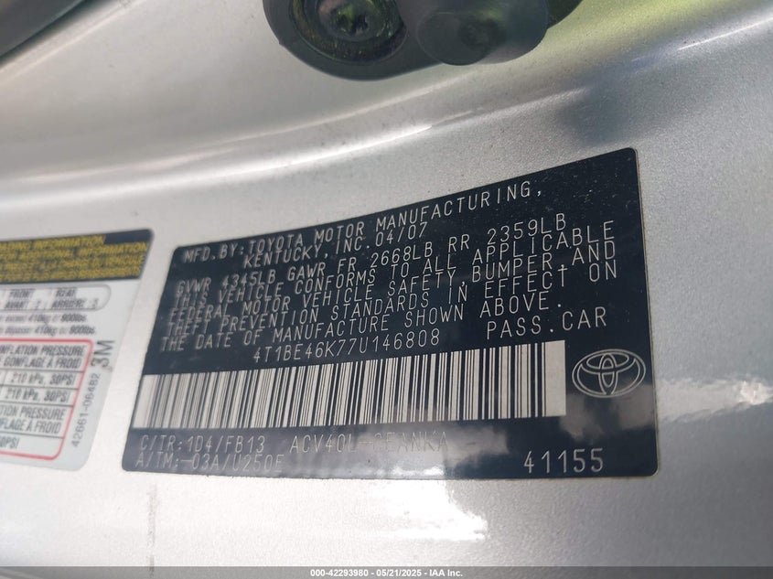 2007 TOYOTA CAMRY VIN: 4T1BE46K77U146808