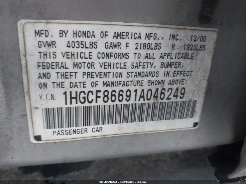 2001 Honda Accord Value Package VIN: 1HGCF86691A046249 Lot: 42294041