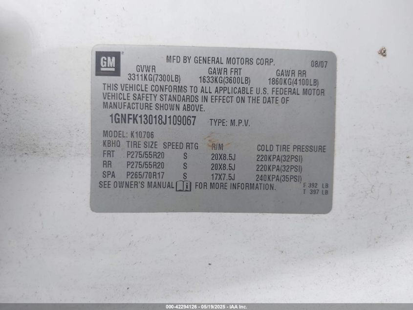 2008 Chevrolet Tahoe Lt VIN: 1GNFK13018J109067 Lot: 42294126