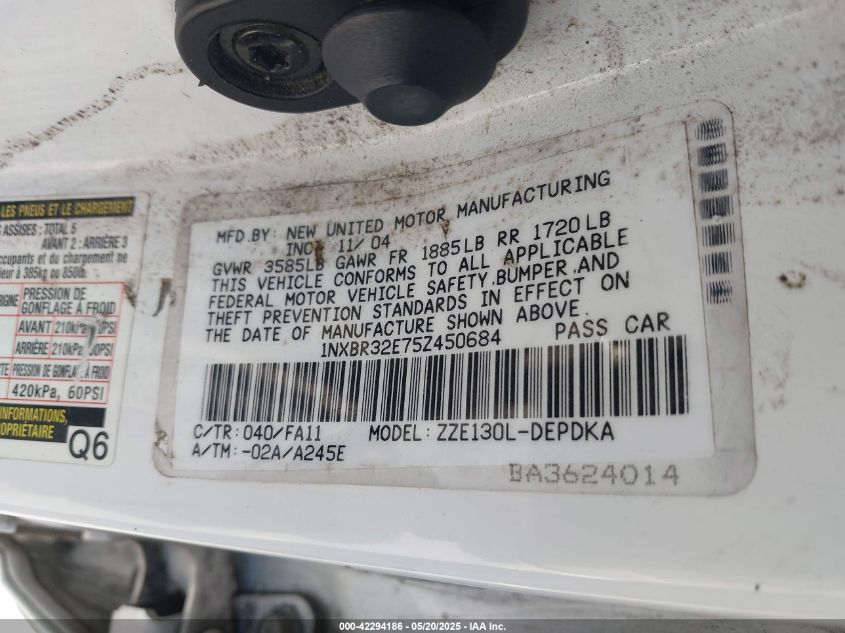 2005 Toyota Corolla Ce VIN: 1NXBR32E75Z450684 Lot: 42294186