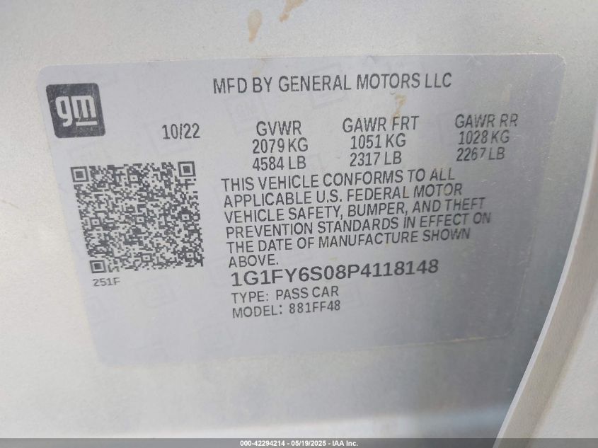 2023 Chevrolet Bolt Euv Fwd Lt VIN: 1G1FY6S08P4118148 Lot: 42294214