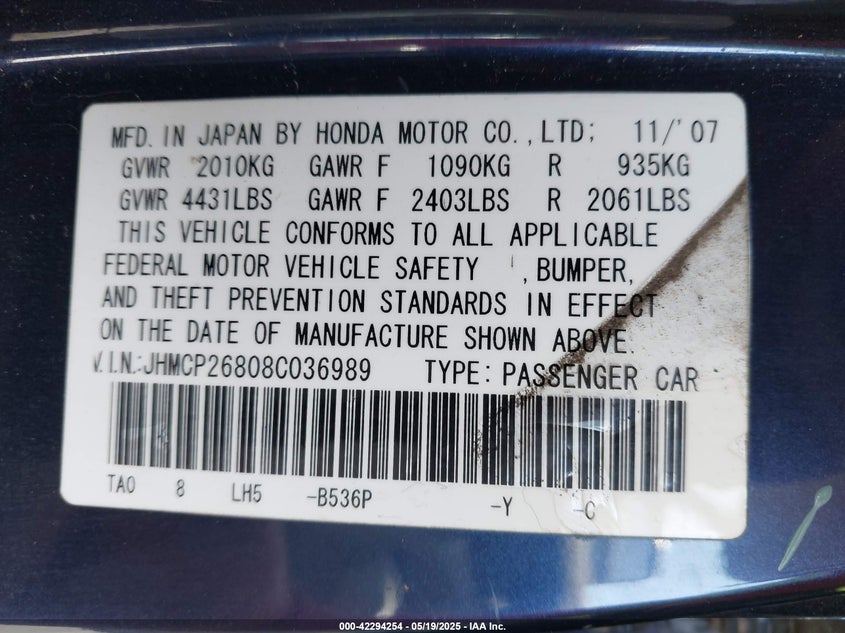 2008 HONDA ACCORD VIN: JHMCP26808C036989