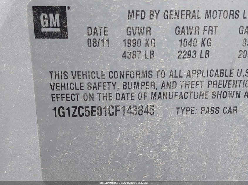 2012 CHEVROLET MALIBU VIN: 1G1ZC5E01CF143845