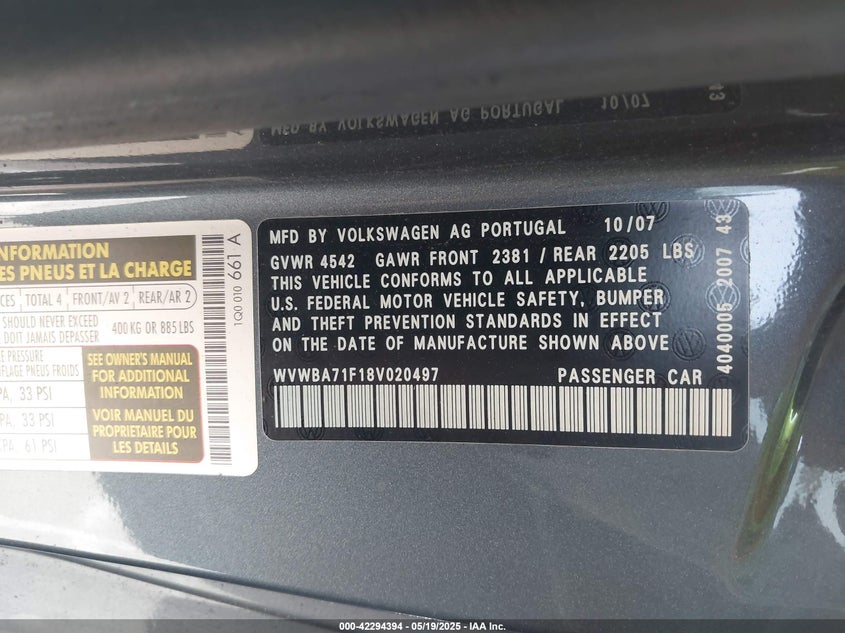 2008 VOLKSWAGEN EOS VIN: WVWBA71F18V020497