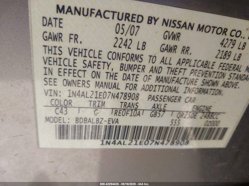 2007 NISSAN ALTIMA VIN: 1N4AL21E07N478908