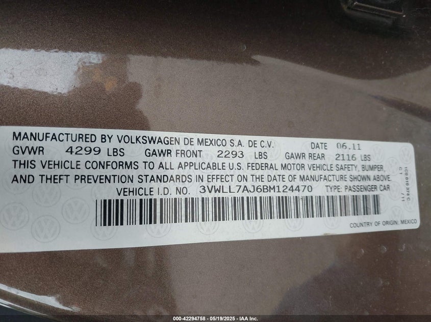 2011 VOLKSWAGEN JETTA VIN: 3VWLL7AJ6BM124470