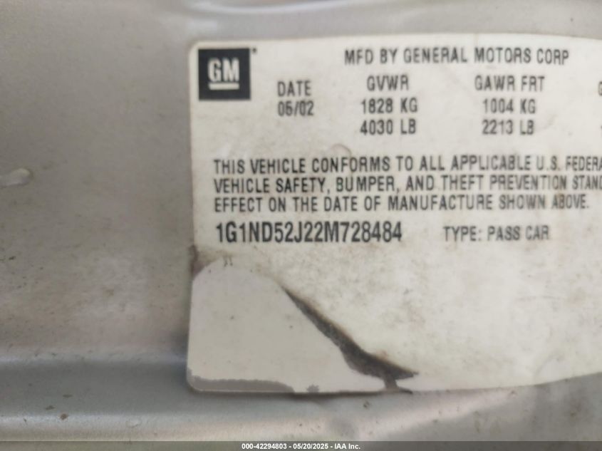 2002 Chevrolet Malibu VIN: 1G1ND52J22M728484 Lot: 42294803