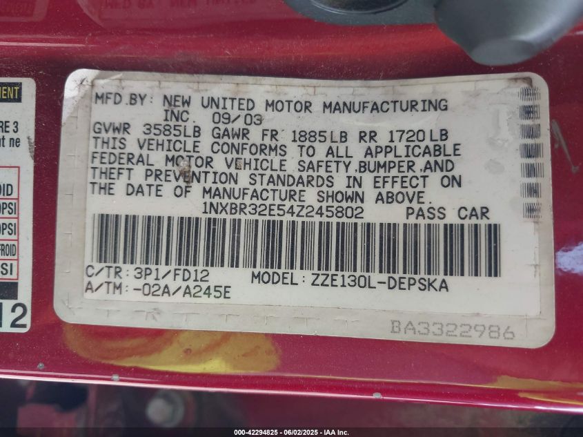 2004 Toyota Corolla S VIN: 1NXBR32E54Z245802 Lot: 42294825