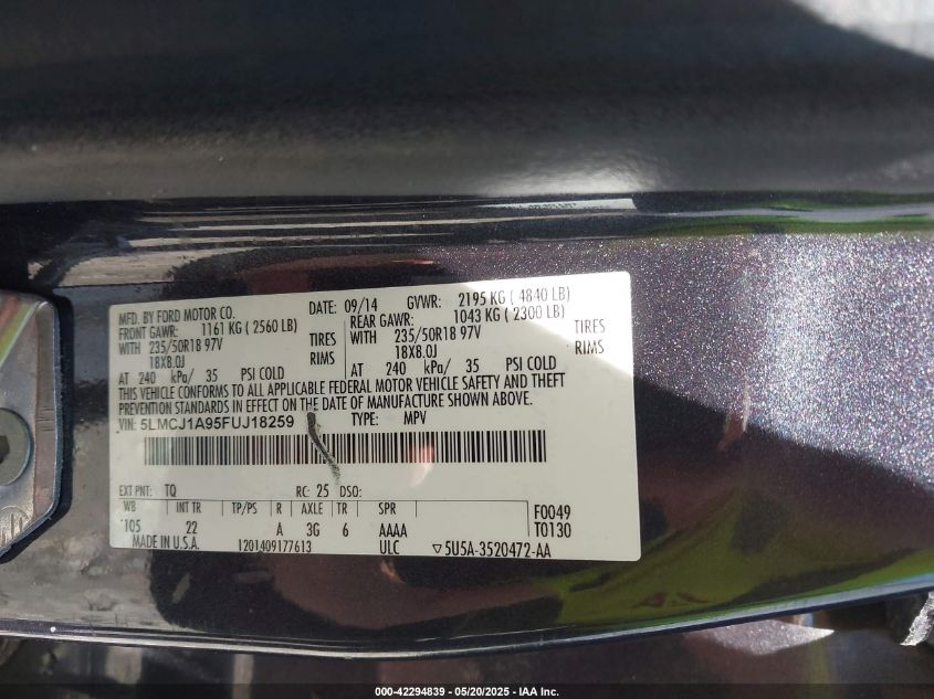 2015 Lincoln Mkc VIN: 5LMCJ1A95FUJ18259 Lot: 42294839