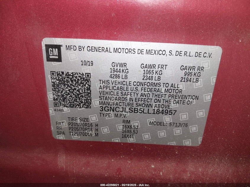 2020 CHEVROLET TRAX FWD LT - 3GNCJLSB5LL184957