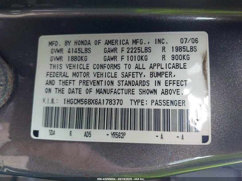2006 HONDA ACCORD VIN: 1HGCM568X6A178370